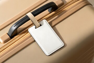 Close-up shot of a beige luggage with a luggage tag on it. The scene creates a sense of travel, preparation, and journey. Mockup for advertising 