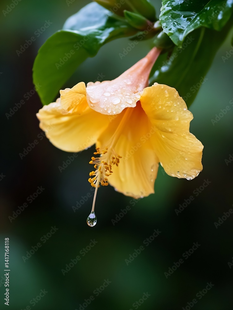 Poster yellow hibiscus flower with raindrops on petals with blurred background : generative ai