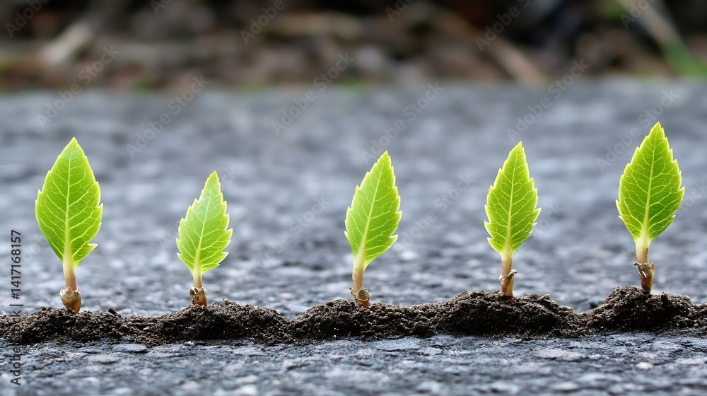 Poster fresh green leaves showing growth stages in soil on grey surface : generative ai