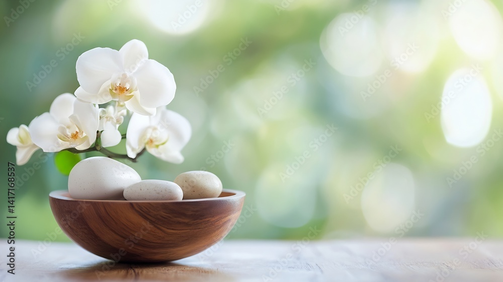 Poster elegant white orchid flourishing in a bowl with smooth pebbles relaxing background : generative ai
