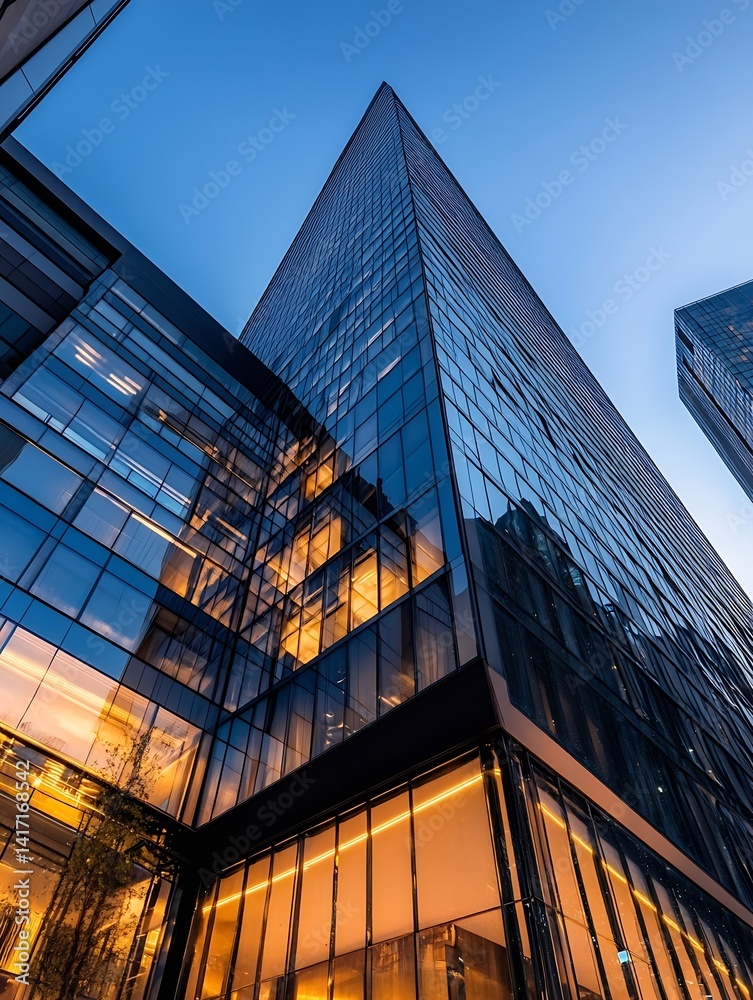Fototapete stunning view of a modern skyscraper captured from a low angle at twilight showcasing urban architec