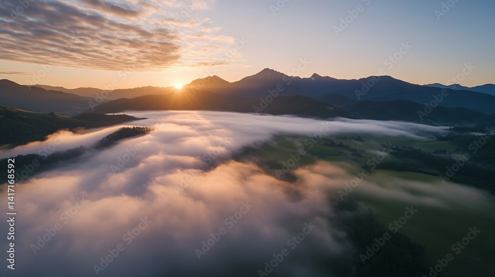Poster stunning aerial view of misty landscape at sunrise with clouds and mountains in the background : gen