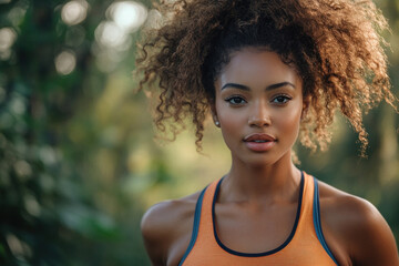 Young woman with curly hair in fitness attire outdoors in natural light