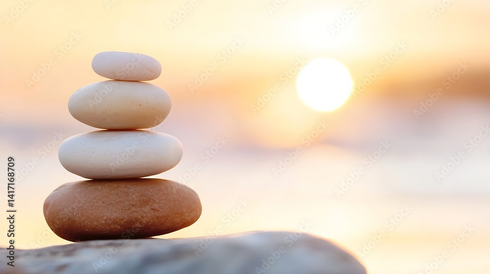 Poster balance and tranquility in nature with stacked stones and sunset background : generative ai