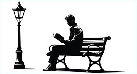 Silhouette Of Man Reading A Book On Park Bench Vector Illustration