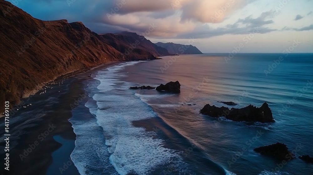 Poster aerial view of a beautiful coastal landscape with rocks and waves under a dramatic sky : generative 