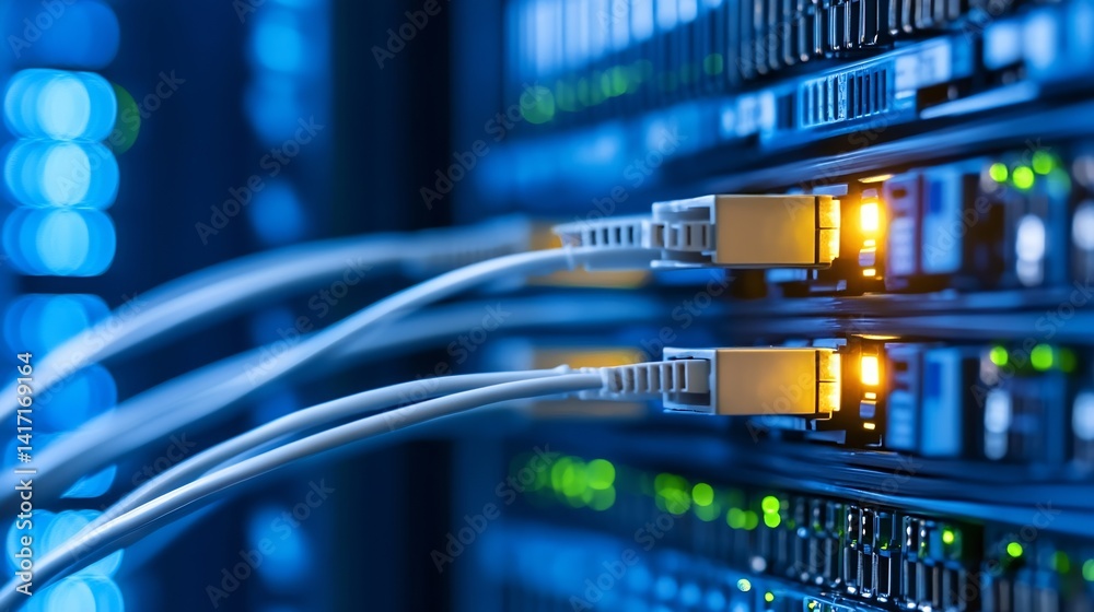 Poster Close-up view of network cables connected to a high-tech server room : Generative AI