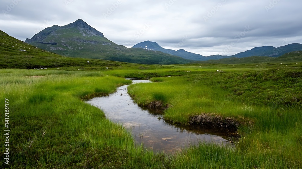 Aufkleber serene mountain and stream landscape with lush green grass under cloudy sky : generative ai