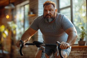 Middle-aged man exercising on stationary bike indoors in bright sunny environment