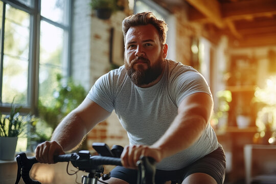 Man exercising on stationary bicycle indoors in natural light setting