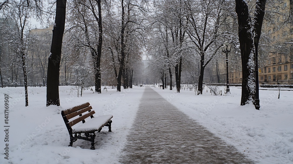 Aufkleber quiet winter wonderland scene with snow covered trees and a park bench : generative ai
