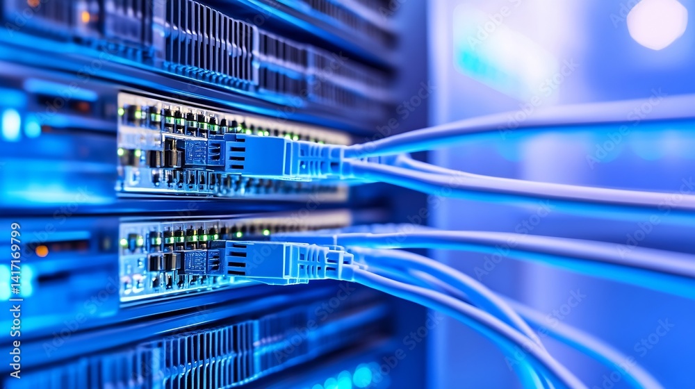 Poster High-Tech Data Center with Server Rack and Network Cables Connected : Generative AI