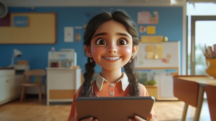 Happy smiling arab indian girl student attending learning video class webinar in virtual classroom on digital tablet device. Latin Spanish school girl raising hand on virtual zoom lesson.