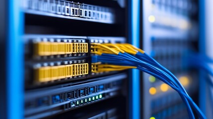 Close up of network cables and ports in a high tech data server environment : Generative AI