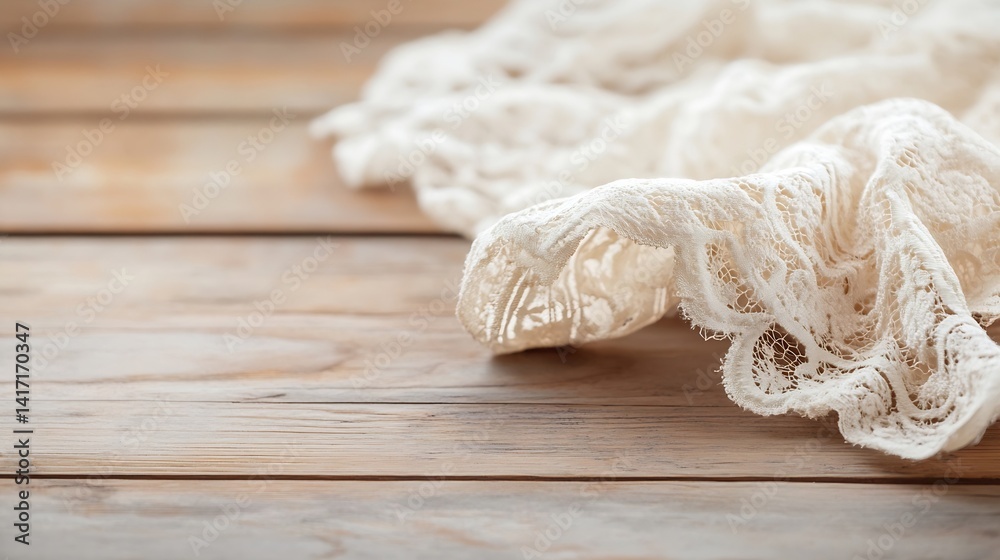 Poster elegant white lace fabric draped artistically on weathered wooden table creating a soft and dreamy a