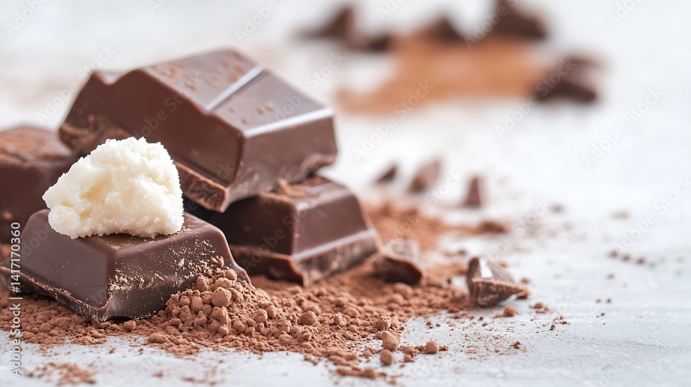 Poster delicious chocolate pieces stacked with cocoa powder and fresh cream placed artistically for a tempt