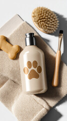 A realistic bottle of dog shampoo is placed on a soft towel alongside a grooming brush and pet treats. This setup emphasizes pet care and grooming essentials for dog owners
