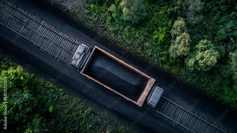 Poster an aerial view of a train car on the railway surrounded by lush green trees : generative ai