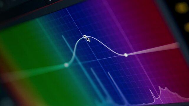 Video color correction: Curved control lines are changed using the cursor. The user enhances the contrast in a grading software program and uses a color interface. Professional cinematic footage