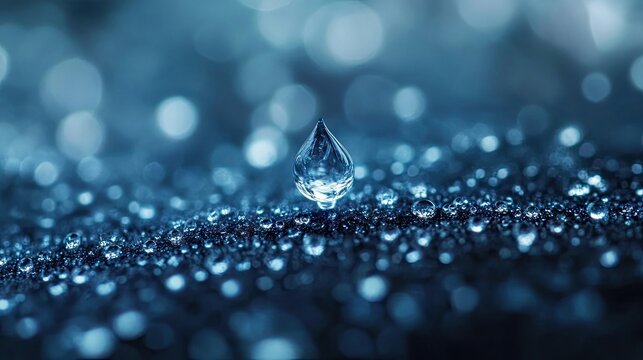 A single, prominent water droplet rests amidst a field of glistening water droplets.