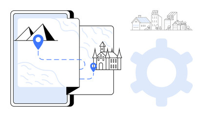 Obraz premium Smartphone screen with mapped route linking mountains to a castle, pin icons, urban buildings, and a gear symbol. Ideal for travel, navigation, planning, technology apps tourism innovation. Flat