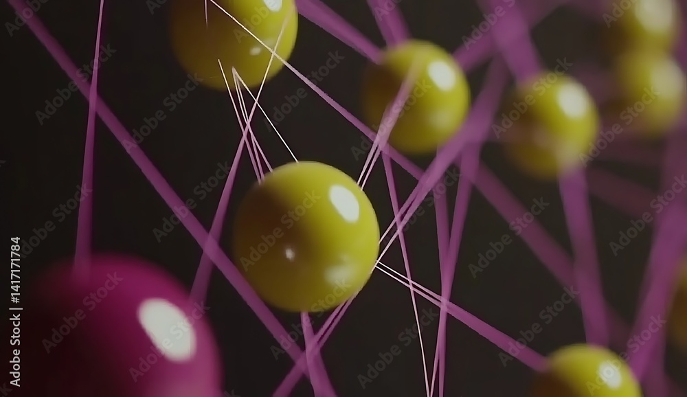 Poster abstract image of interconnected yellow and pink spheres linked by thin pink threads against a dark 