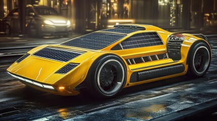 Obraz premium Futuristic Yellow Car on City Street at Night