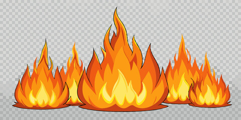  set of blazing fire flames and flying sparks on transparent background