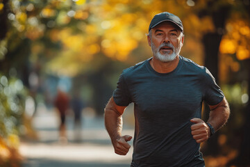 Middle-aged man jogging outdoors in sunny autumn park for healthy lifestyle