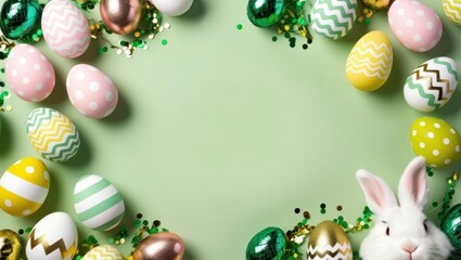 Easter party. Top view photo of easter bunny ears white, pink, green, yellow eggs and confetti 2