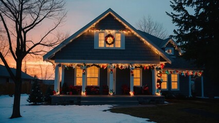 Decorated Home Exterior Lit Up With Festive Christmas Lights on a Snowy Evening
