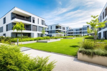 Modern apartment complex with green spaces