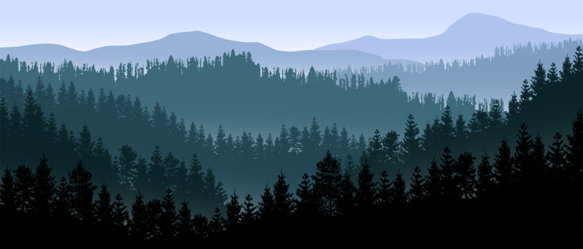 Beautiful realistic widescreen vector with blue forested mountains.
