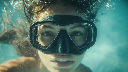 Naklejka premium Underwater close-up portrait of a young woman wearing a diving mask.