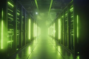 Obraz premium Server room aisle with green lights and fog. Tech infrastructure, data management