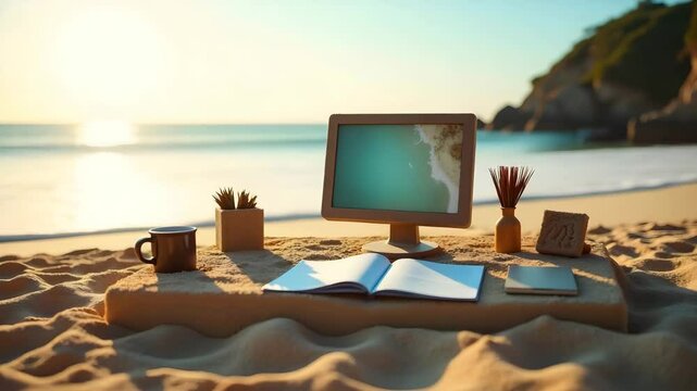 Tranquil workspace setting by the beach with computer and books  