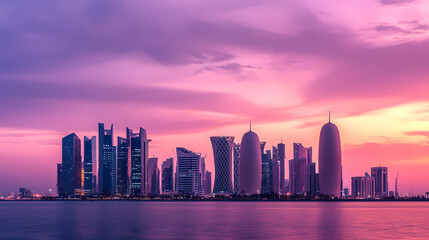 Obraz premium Doha Skyline at Dusk: A stunning capture of the Doha skyline at dusk, showcasing modern skyscrapers against a vibrant sky reflected in calm waters.