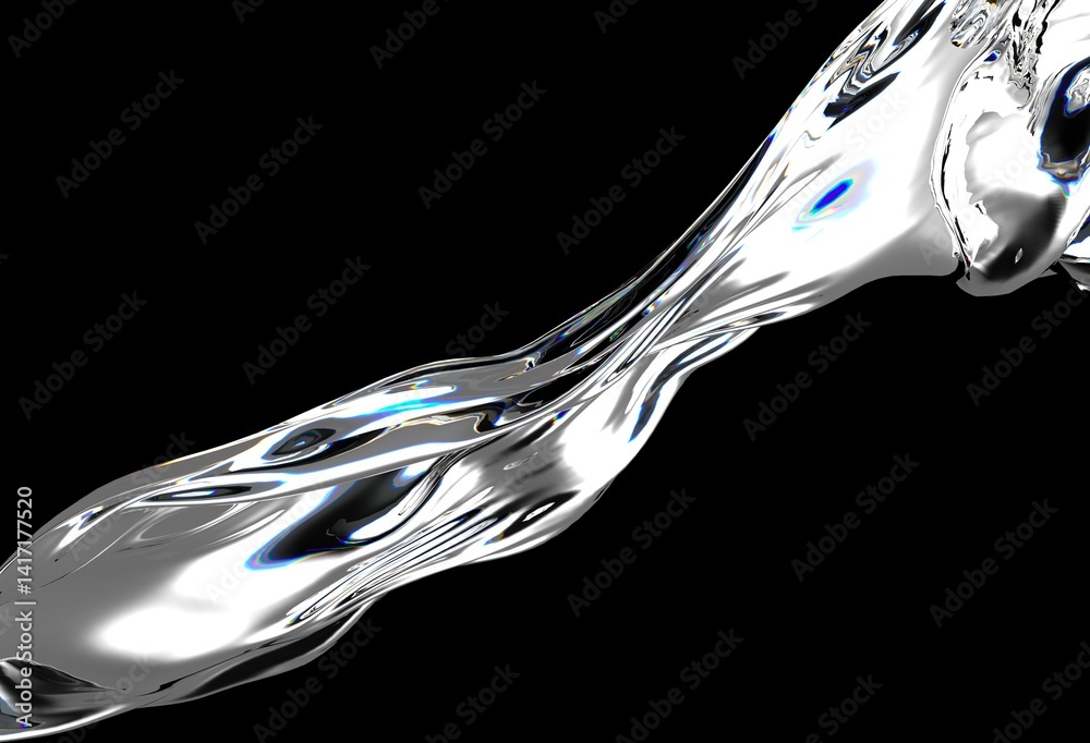 Poster metallic 3d illustration with fluid, silver waves flowing against a black background, creating a mod