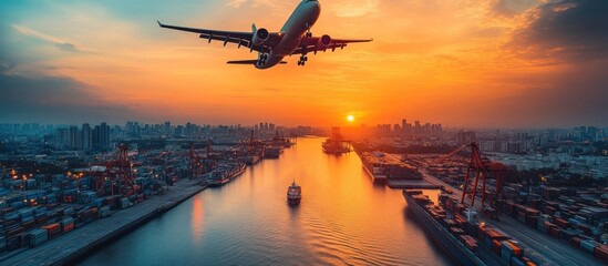 Naklejka premium Airplane over city port at sunset