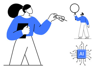 Two figures in futuristic design, one holding a tablet, the other gesturing to a sphere, with an AI circuit symbol. Ideal for technology, AI development, teamwork, innovation, education creativity