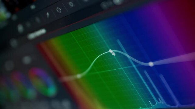 Video color correction: Curved control lines are changed using the cursor. The user enhances the contrast in a grading software program and uses a color interface. Professional cinematic footage