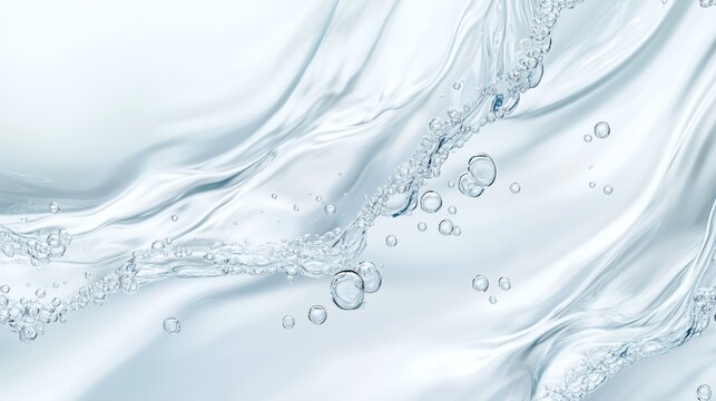 A high-resolution top-down view of a liquid hyaluronic acid serum, appearing ultra-light and fresh. The fluid spreads across the surface in elegant, 