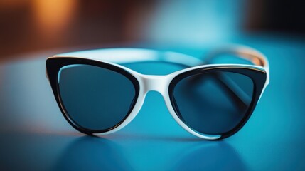 Stylish cat-eye sunglasses with black lenses and white frames on a blue surface.