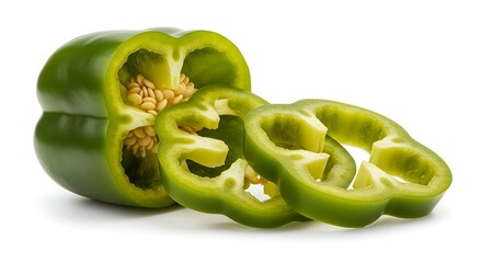 Sliced Green Bell Pepper Showing Seeds on a White Background