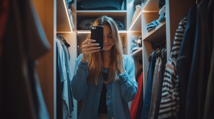 Young woman taking a selfie in a well-lit walk-in closet.