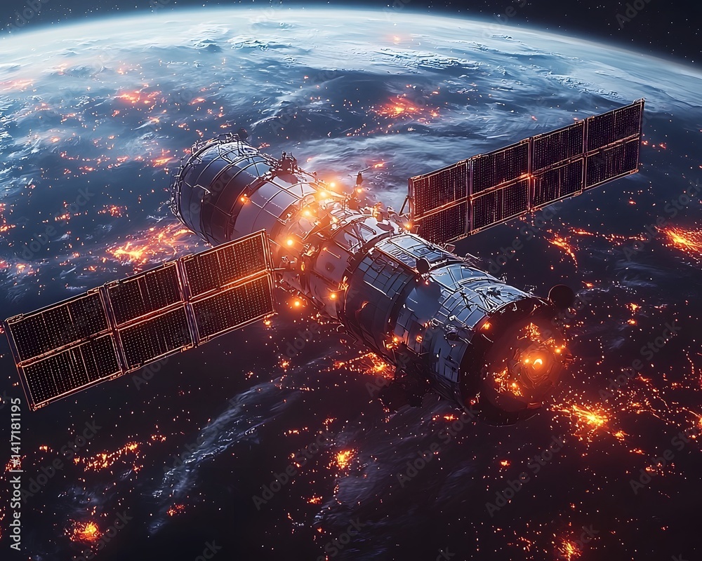 Wall mural satellite beaming data into a global cloud network above earth
