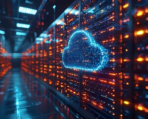 Obraz premium Futuristic Server Room with Holographic Cloud Icon