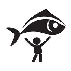 plain white logo of a small person logo holding up a large fish 
