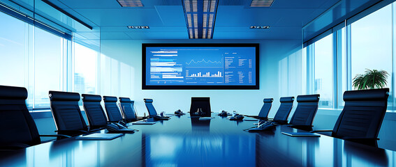 Modern Meeting Room: A contemporary boardroom setup, featuring a long, polished table, comfortable chairs, and a large display screen showcasing intricate data visualizations.