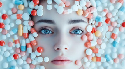 Woman's face surrounded by colorful pills and capsules.
